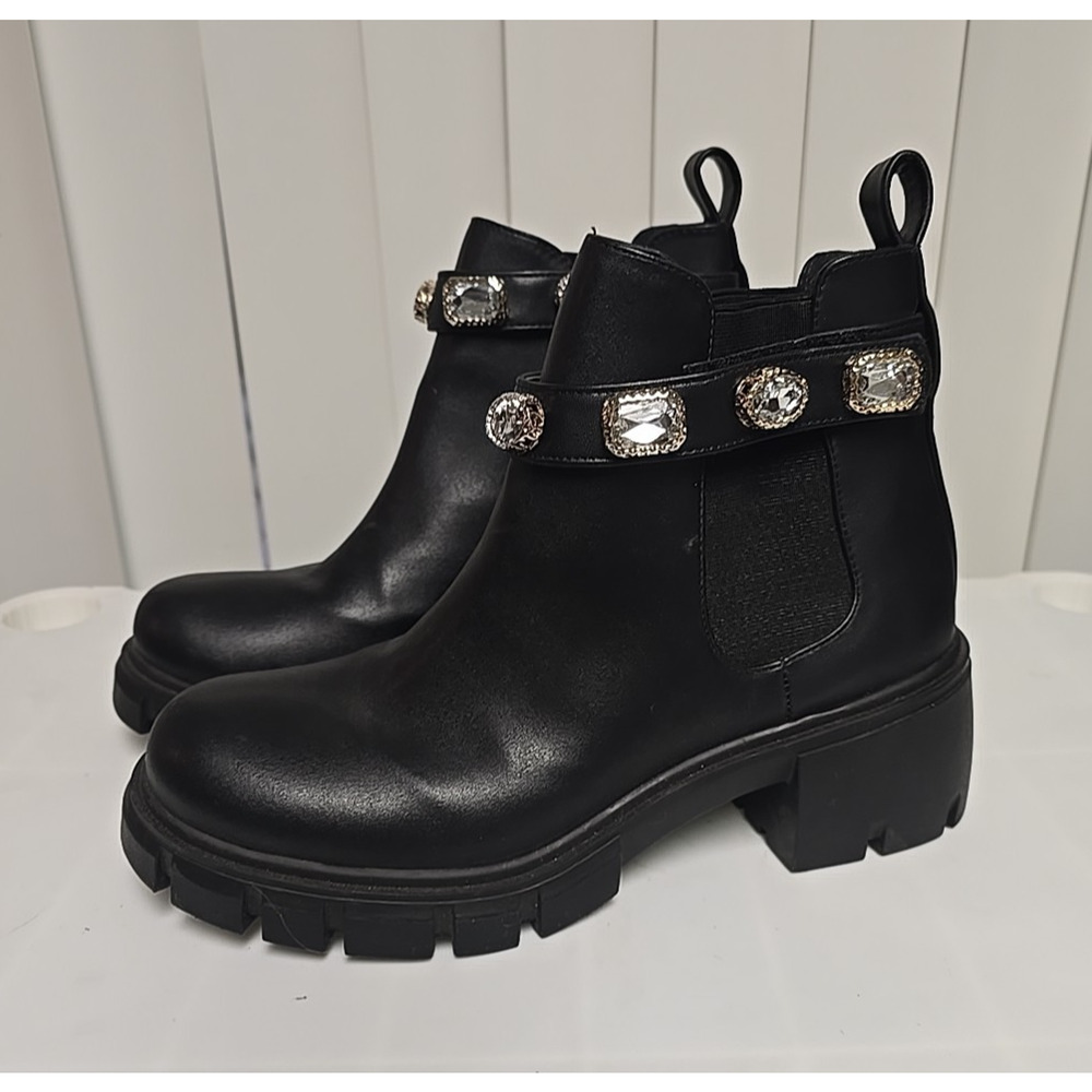 Steve Madden Black Leather Whimseygoth Academia Chunky Heel Boots Womans Sz 7.5